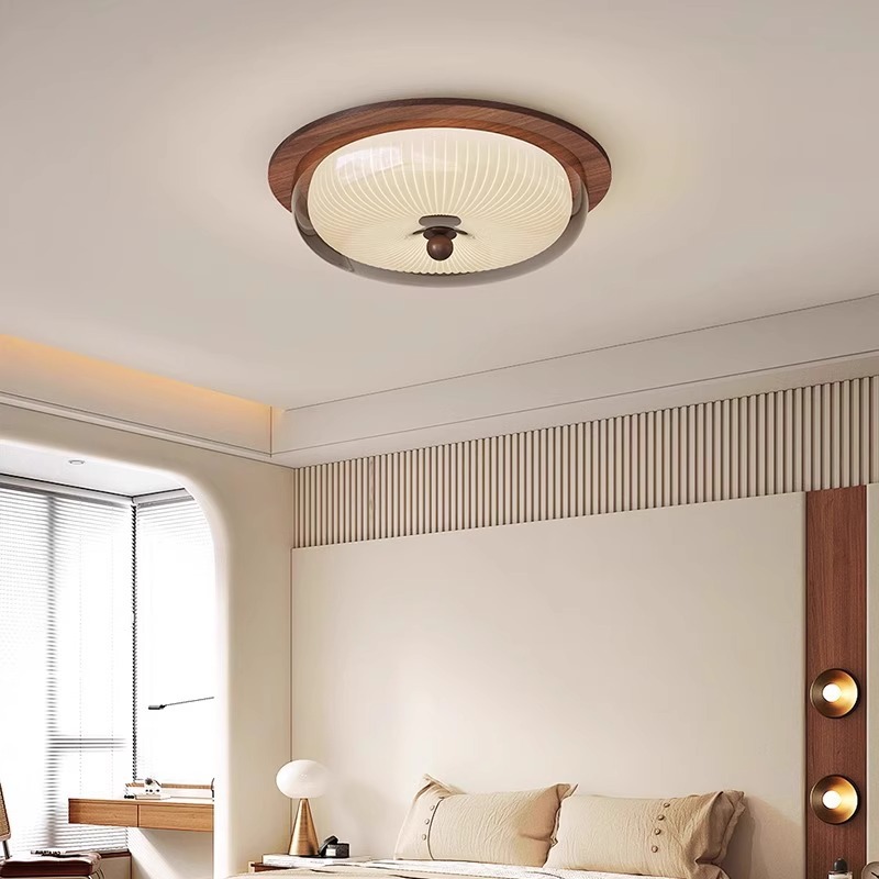 Lámpara de techo de dormitorio de estilo antiguo francés, color nogal retro, vidrio de madera maciza, LED circular, luz de protección ocular de espectro completo