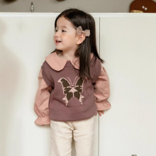 女童宝宝毛衣儿童2025秋季福利小童装提花蝴蝶衬衫假两件拼接毛衣