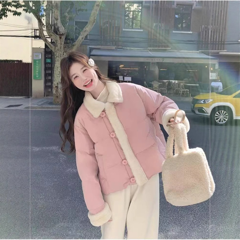 韩系奶蓝色羊羔毛拼接短款棉服女冬加厚保暖棉衣宽松显瘦外套上衣|undefined
