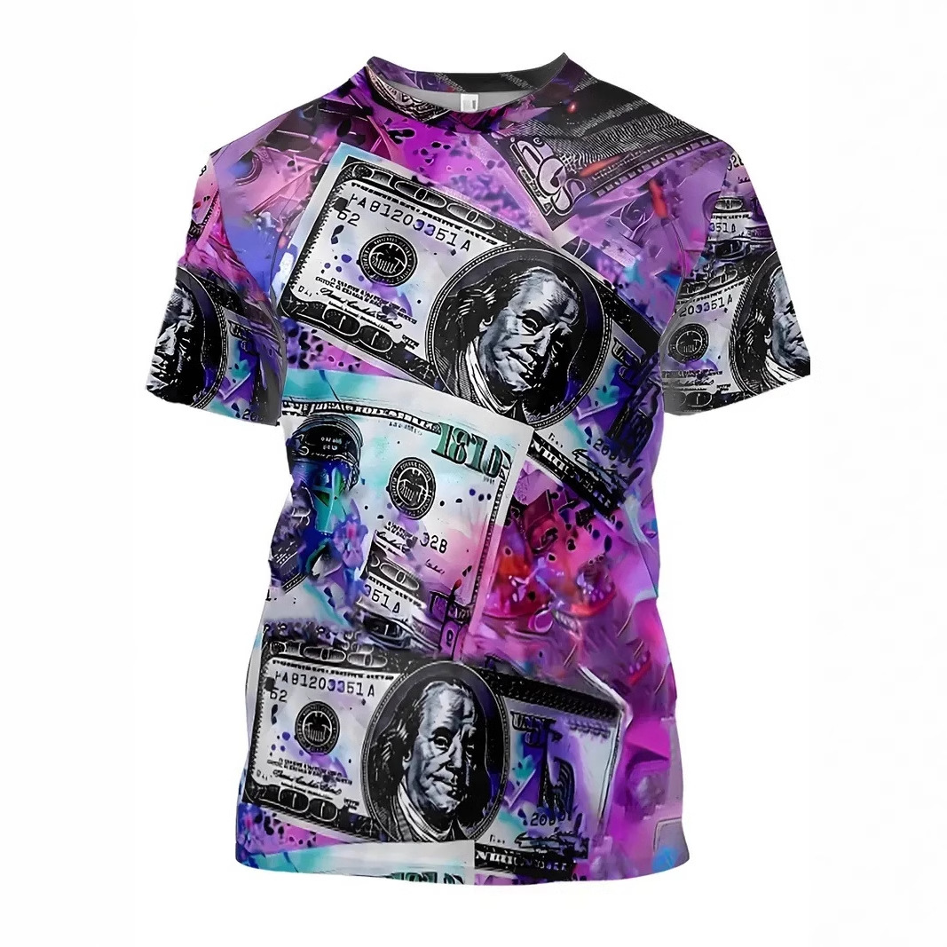Billetes de colores abstractos estampados en 3D para hombre, malla suelta de verano, manga corta transpirable, cuello redondo, camiseta en stock