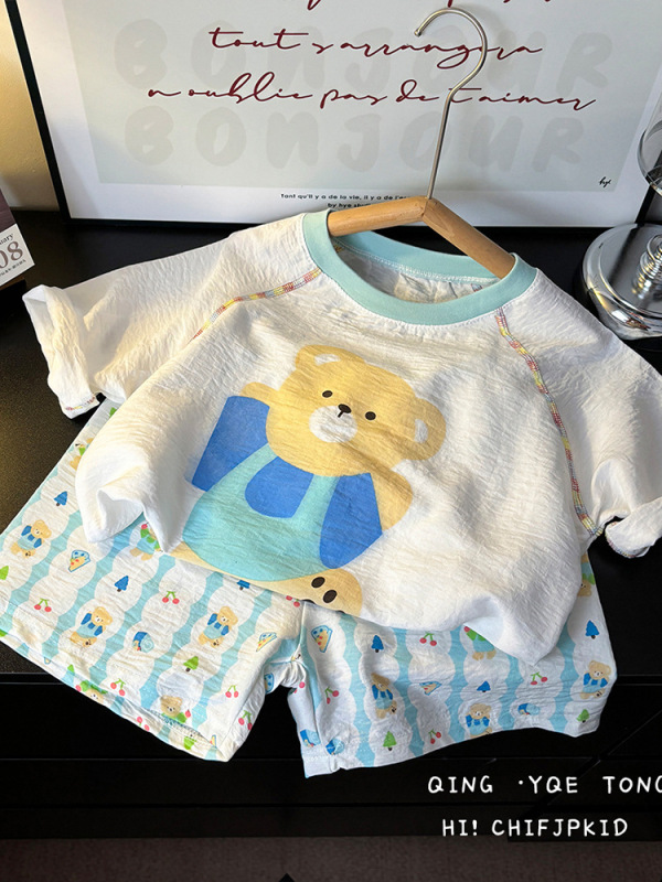 子供の夏のホーム服セット男の子カラーブロッククラウドコットンパジャマ女の赤ちゃん半袖ショーツ薄い空調服|undefined