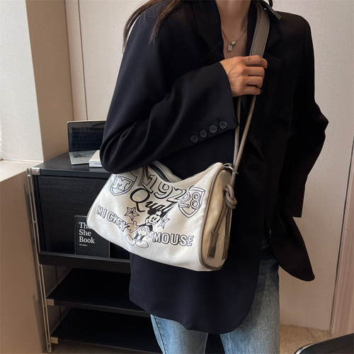 Large-capacity cartoon printed canvas bag women's bag summer new casual shoulder bag simple contrasting crossbody bag