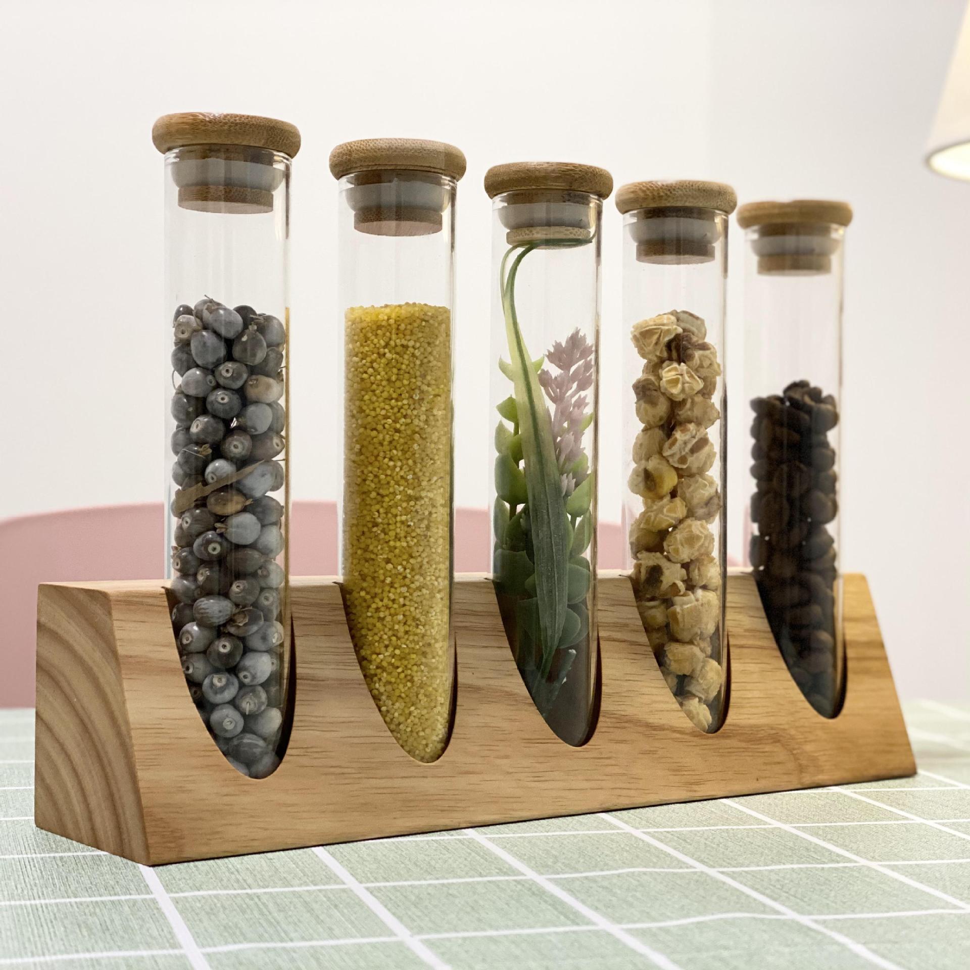 Tubo de ensayo de vidrio de borosilicato estante de exhibición de madera maciza muestra té granos de café cocina clasificación de almacenamiento tanque de almacenamiento