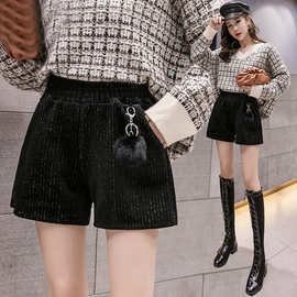灯芯绒短裤女春款女装2025年新款松紧腰个性亮丝阔腿裤休闲靴裤潮