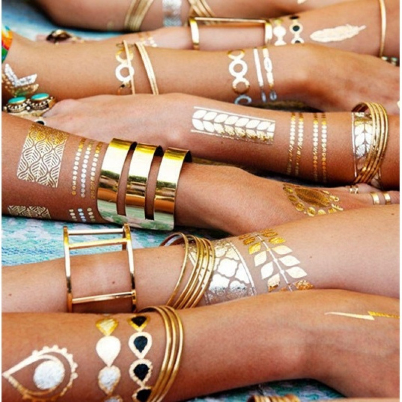 A Set of 6 Gold and Silver Bracelets Tattoo Stickers Waterproof Realistic Painted Hand-Painted Golden Bohemian Style Tattoos