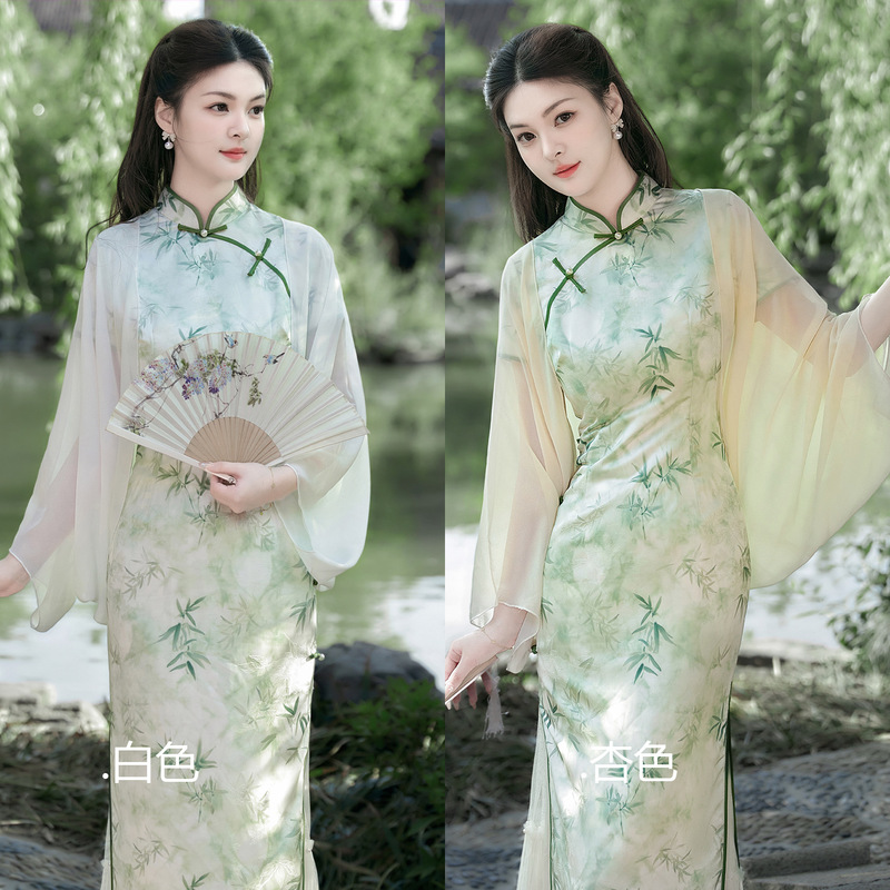 Super Fairy Pearl Chiffon Women's Summer Cheongsam Shawl Skirt with Shawl Tulle Cardigan Jacket Breathable Blouse