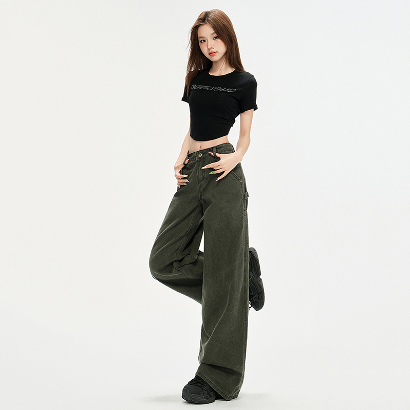 美式直筒牛仔裤女秋季新款辣妹设计感时尚宽松显瘦垂感阔腿拖地裤|undefined