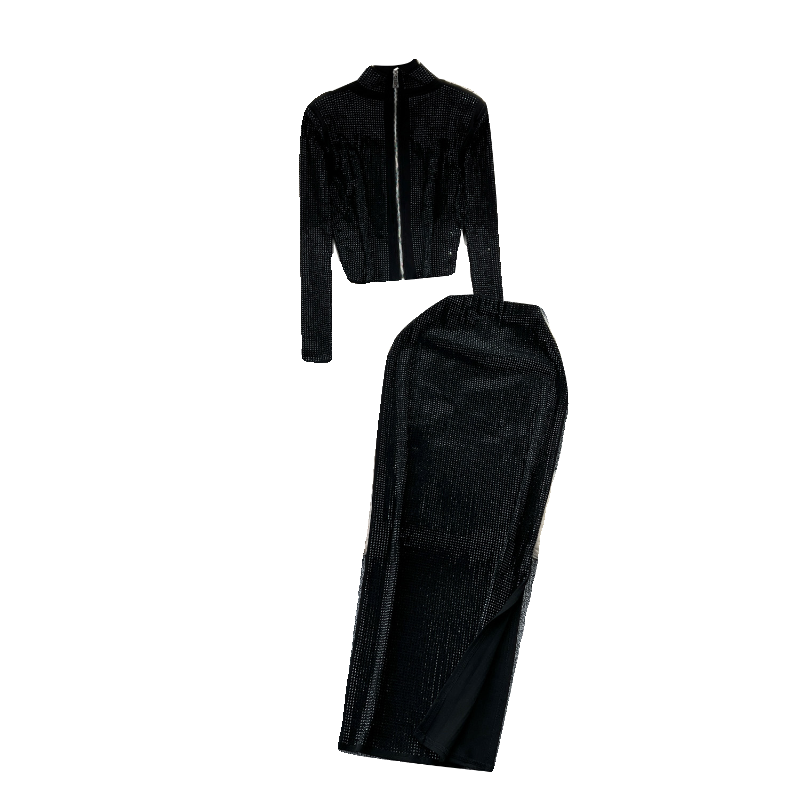 Women's Clothing wear suit design heavy hot diamond zipper top hip skirt_voghion.com