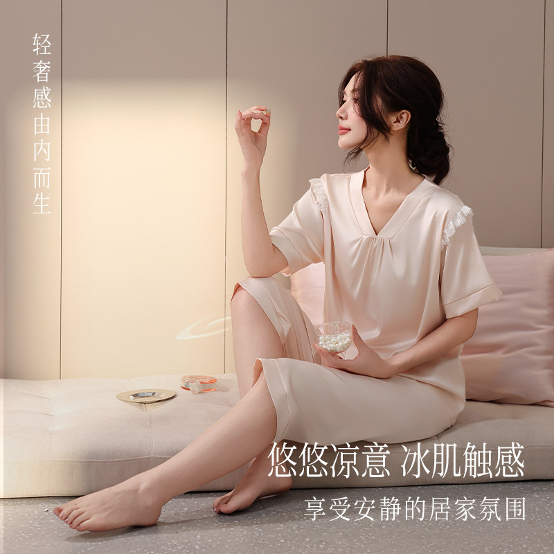 [얼음과 얼음 실크] 여성용 얼음 실크 잠옷 여름 얇은 반팔 크롭 팬츠 우아한 홈웨어 플러스 사이즈 슈트