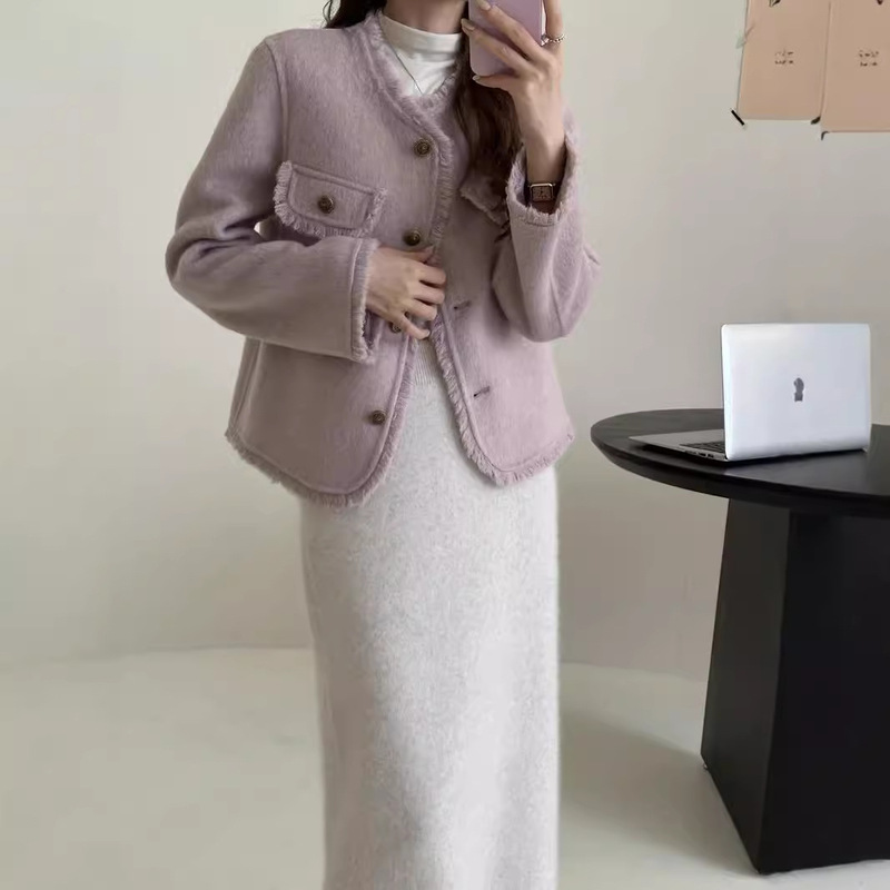 Chanel-Style Double-Sided Wool Coat for Women, Short Style for Petite Figures, with Fringe Edges, Loose Fit, Lazy Style