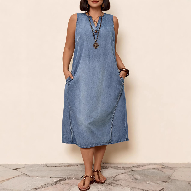 Plus-Size Women's Sleeveless Denim Dress, Light Blue Washed, Loose Fit, V-Neck, Casual Versatile Tank Dress Plus-Size Women's Sleeveless Denim Dress, Light Blue Washed, Loose Fit, V-Neck, Casual Versatile Tank Dress
