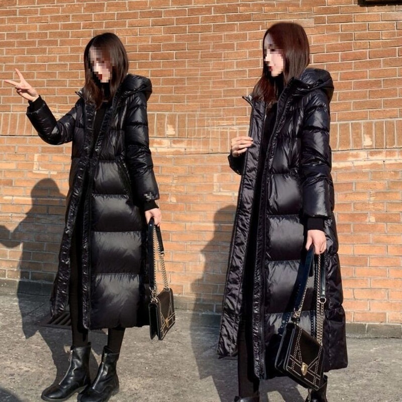 Slim-Fitting Cotton-Padded Jacket, Black Long Glossy Thickened New Korean Style Jacket, Knee-Length Winter down Jacket, Cotton-Padded Jacket, Spandex