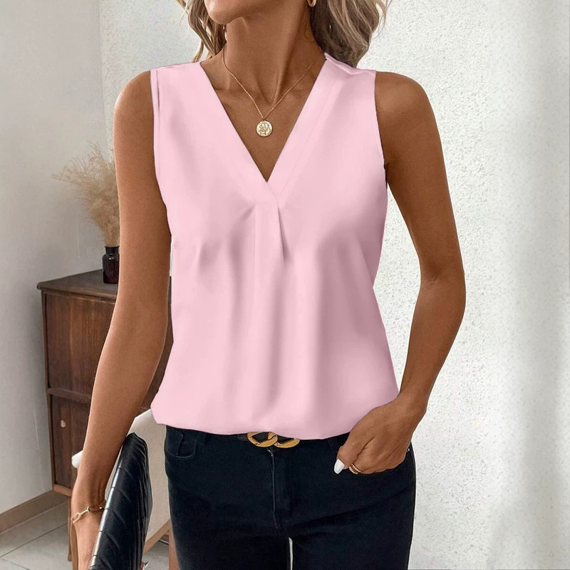 Source Factory 2025 Summer Cross-Border European and American Style V-Neck Sleeveless Shirt for Women, Elegant Commuter Versatile Women's Vest