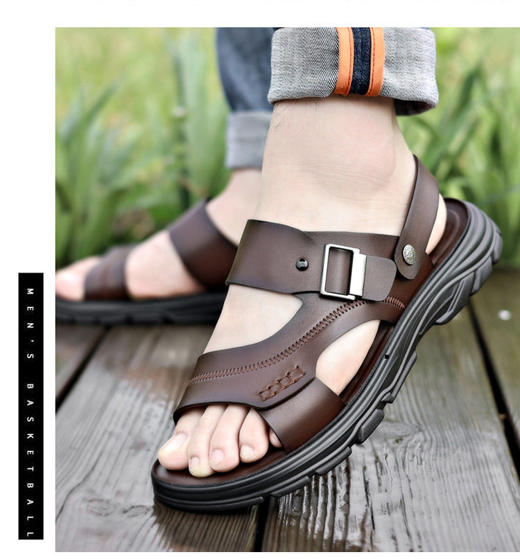 Dép sandal nam quai ngang đế bằng mềm nhẹ thoáng khí kiểu hai cách mang — Màu nâu, màu đen chi tiết 23