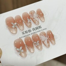 圆熙冰晶蝴蝶千金甜心纯手工穿戴甲高级仙气裸色网红辣妹锆石美甲