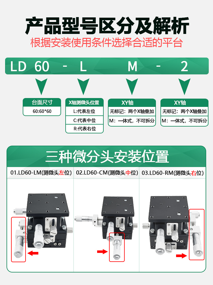 XYZ轴位移平台三轴手动升降工作台光学精密微调移动滑台LD40/60-2