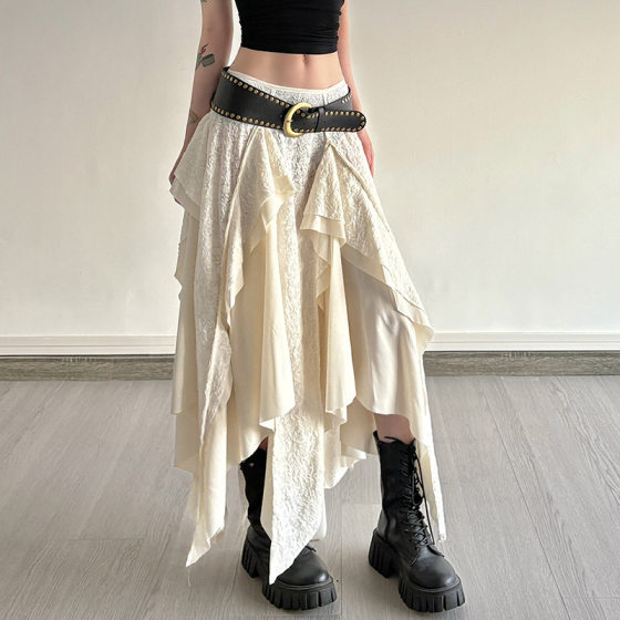 American Style Retro Design Sense Irregular Skirt Women's Summer Mid-length Hot Girl Personalized Street Solid Color Lace Dress Trendy