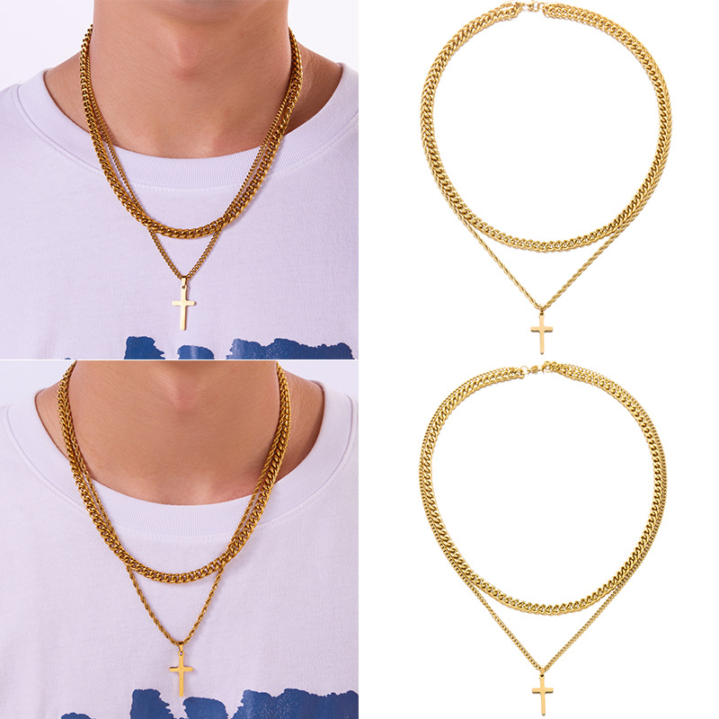 Stainless Steel Double Layer Cross Necklace For Men Trendy Style_voghion.com