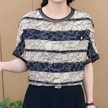 2024夏季新款中老年女装妈妈装时尚休闲条纹T恤短袖圆领套头衫