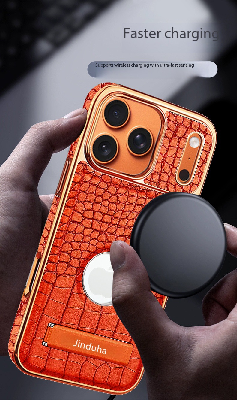 Ốp lưng da vân cá sấu cao cấp cho iPhone 16/17 Pro Max, có chân đế và hỗ trợ sạc không dây từ tính — đen, màu xanh, màu nâu nhạt, nâu sẫm chi tiết 3