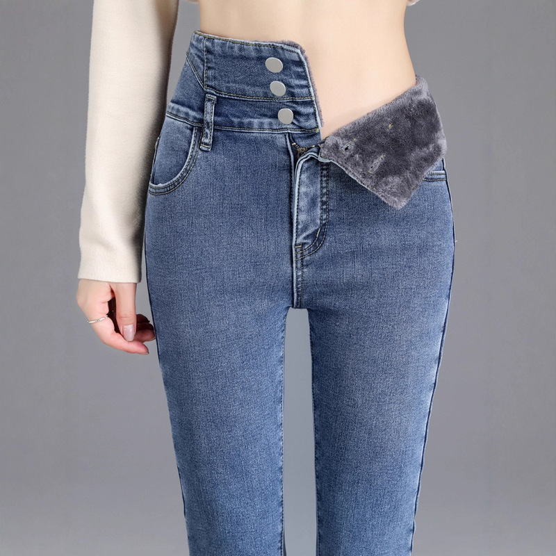 Ultra-High-Waisted Velvet Jeans for Women 2025 New Autumn and Winter Slimming Look Tight-Fitting Thickeneded Women's Long Pants for Small Feet