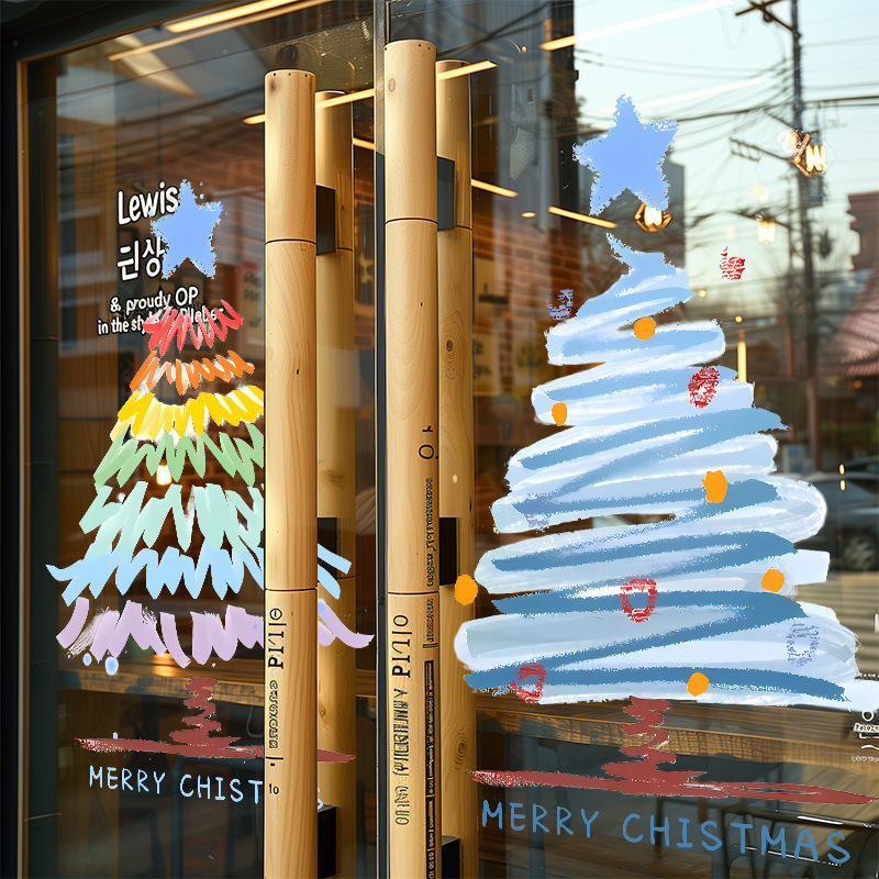 クリスマスのガラスのステッカーのドアはクリスマスツリーの静電気を貼ってデパートの窓の花を貼ってショーウインドーのシーンを飾って全体を飾ります。|undefined