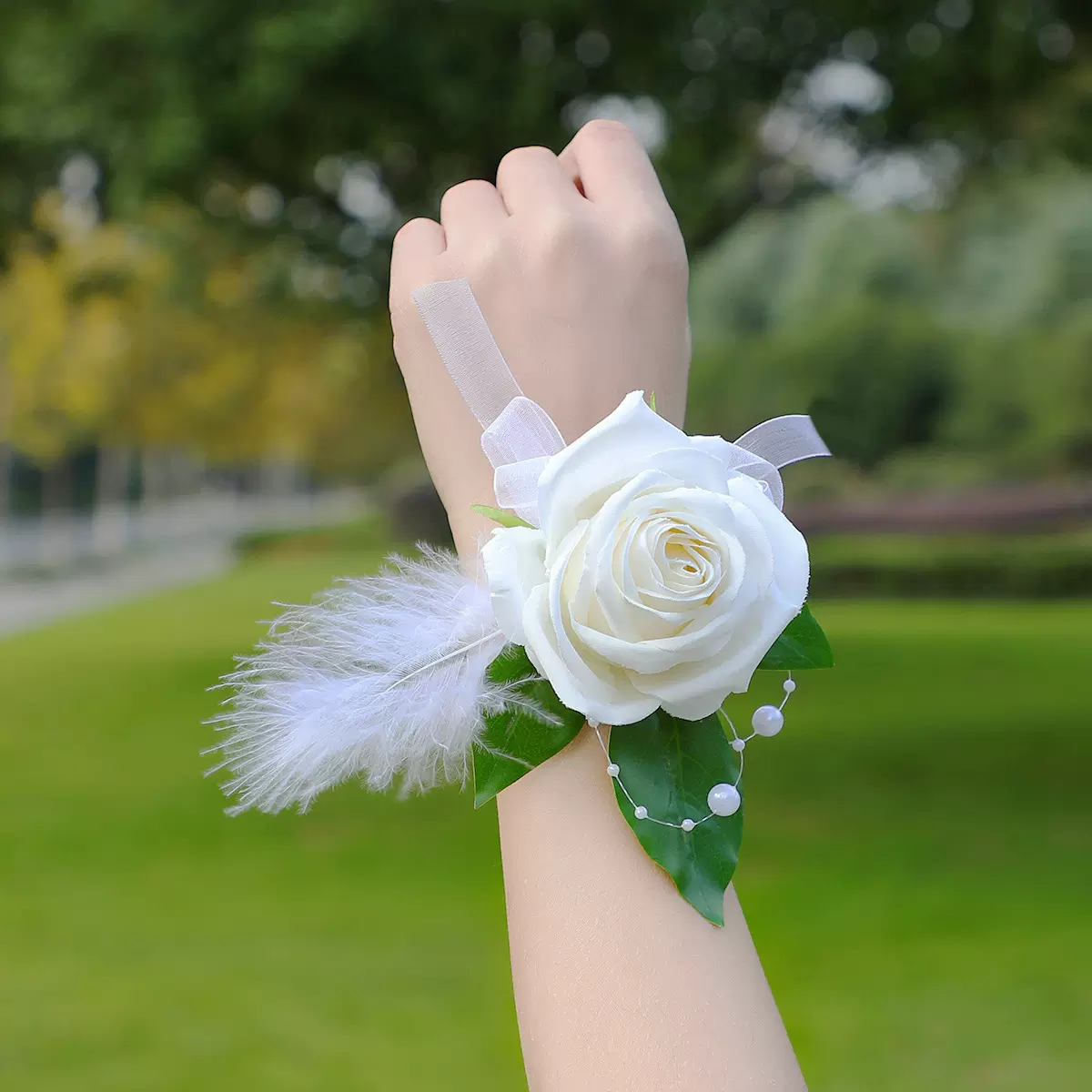 古典胸花手腕花套装白色羽毛珍珠胸襟花婚礼宴会伴郎伴娘手腕胸花
