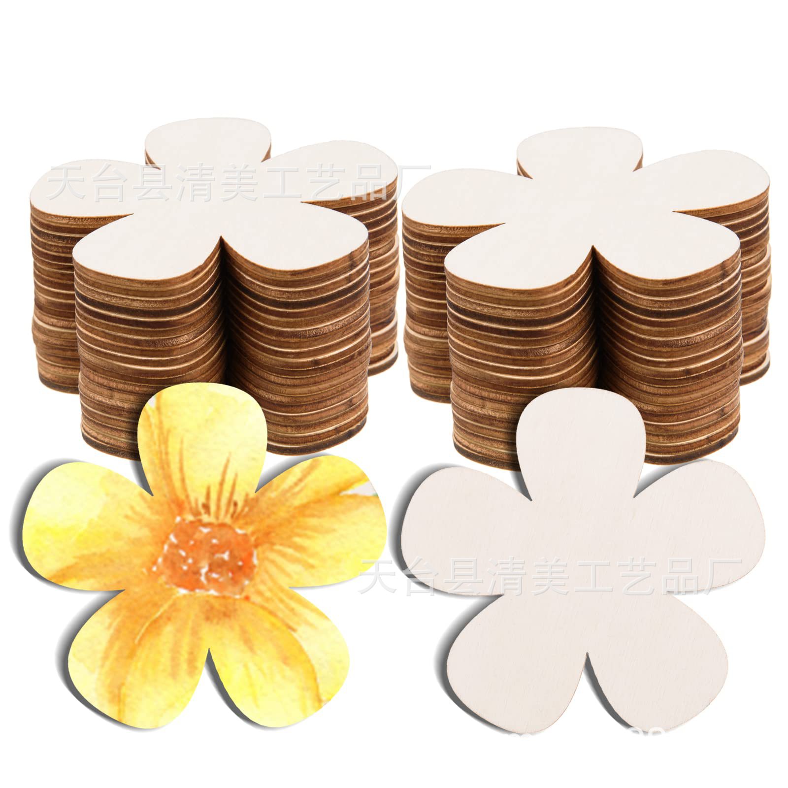 75mm madera en forma de flor de ciruelo, hoja de madera decorativa en forma de flor, hoja decorativa de dibujos animados pintada para niños, 60 piezas en un paquete