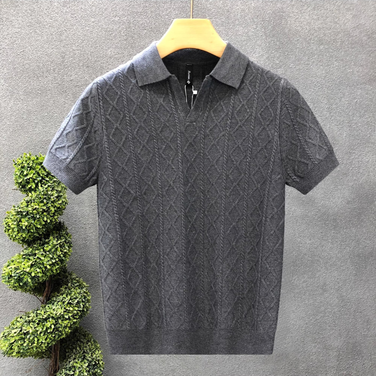Men's Clothing Plus Size Men's Shirt Style Short Sleeved V Neck Business Collar Cable Knit T-Shirt For Formal & Casual_voghion.com