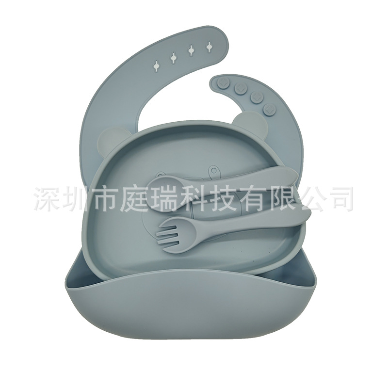 Gris y azul (babero + Placa de oso + cuchara Tenedor de silicona)