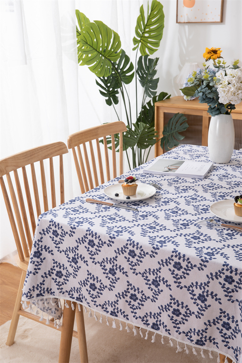 Tovaglia transfrontaliera in poliestere-cotone con nappe e stampa a foglie, tovaglia rettangolare da pranzo, tavolino da caffè_voghion.com