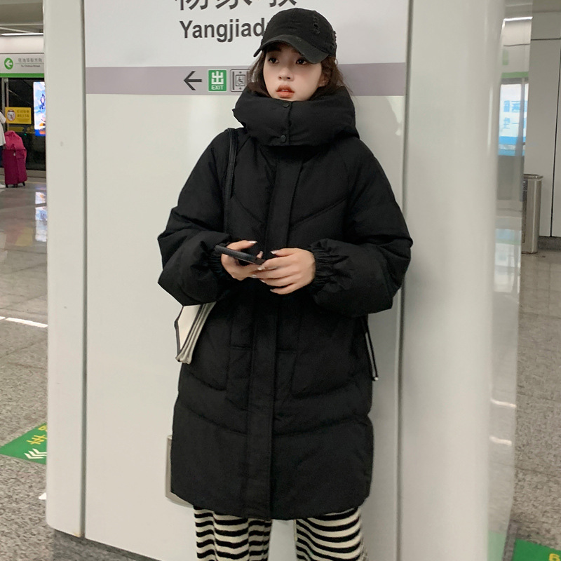 Coreana de estilo largo y medio de invierno de mujer 2023 nuevo suelto y grueso estudiantes con chaqueta negra encapuchada