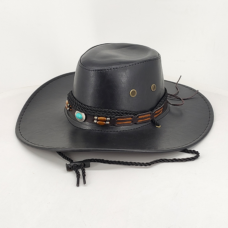 Unisex Ethnischer Windschatten Western Cowboyhut Glänzender Retro Leder Outdoor Sonnencreme Gerollter Ritterzylinder_voghion.com
