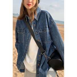 复古水洗牛仔衬衫女春秋新款长袖牛仔衬衣女宽松显瘦百搭牛仔外套