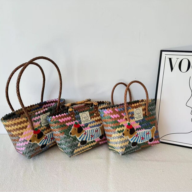 Dachshund Striped Straw Bag Vintage Woven Vegetable Basket Rattan Handbag Commuter Tote Bag Shoulder Bag Cross-border Dachshund Striped Straw Bag Vintage Woven Vegetable Basket Rattan Handbag Commuter Tote Bag Shoulder Bag Cross-border
