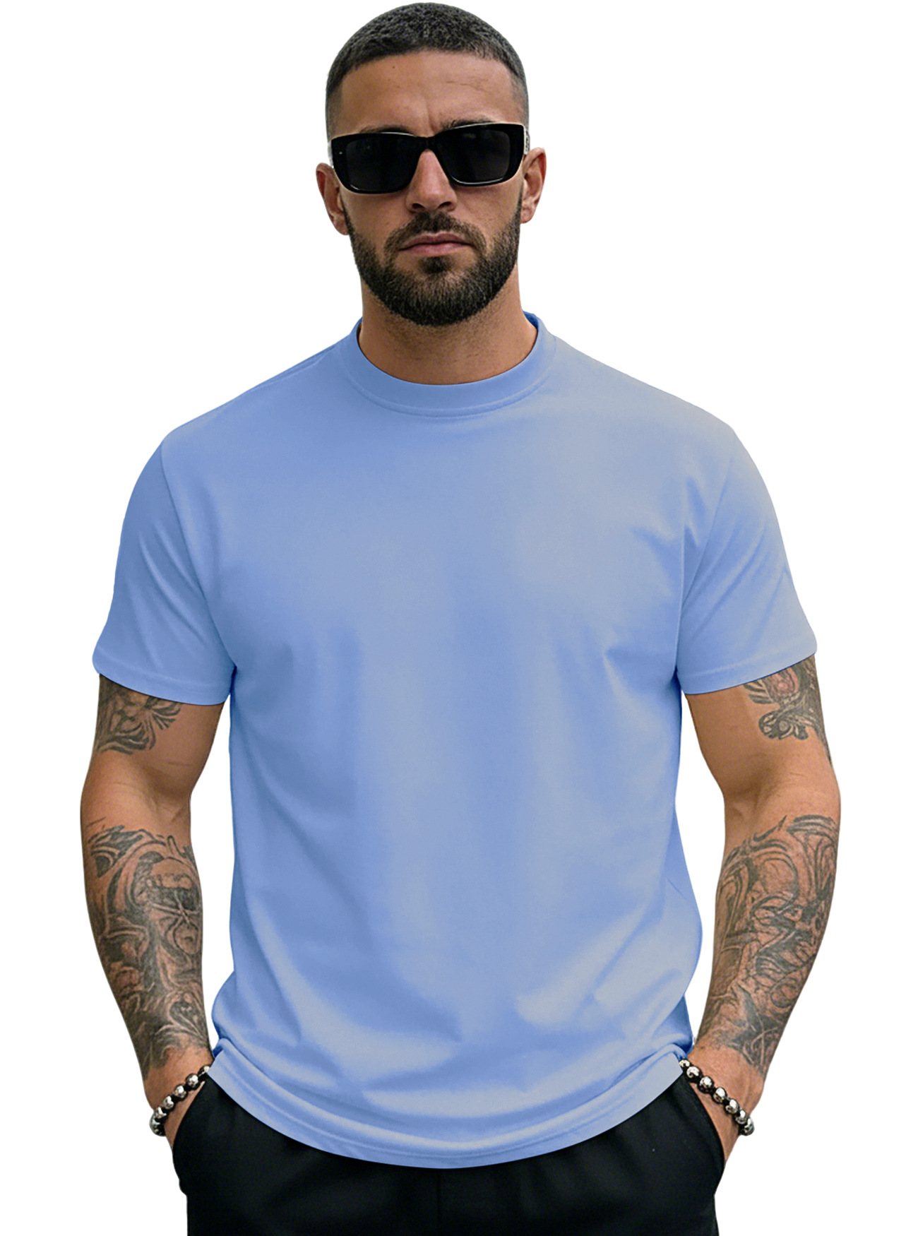 Estación independiente transfronteriza Europa y Estados Unidos hombre marca de moda tela de sudor de color sólido Henry cuello grande camiseta deportiva de manga corta de comercio exterior