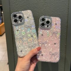 贝壳纹蝴蝶点钻适用iphone17promax/15pro手机壳小铁球苹果13/14