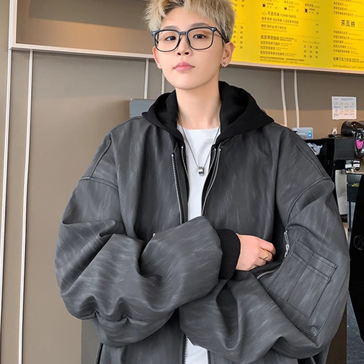 2025 primavera nuevo estilo americano falso chaqueta con capucha de dos piezas chaqueta de cuero PU de moda para hombres