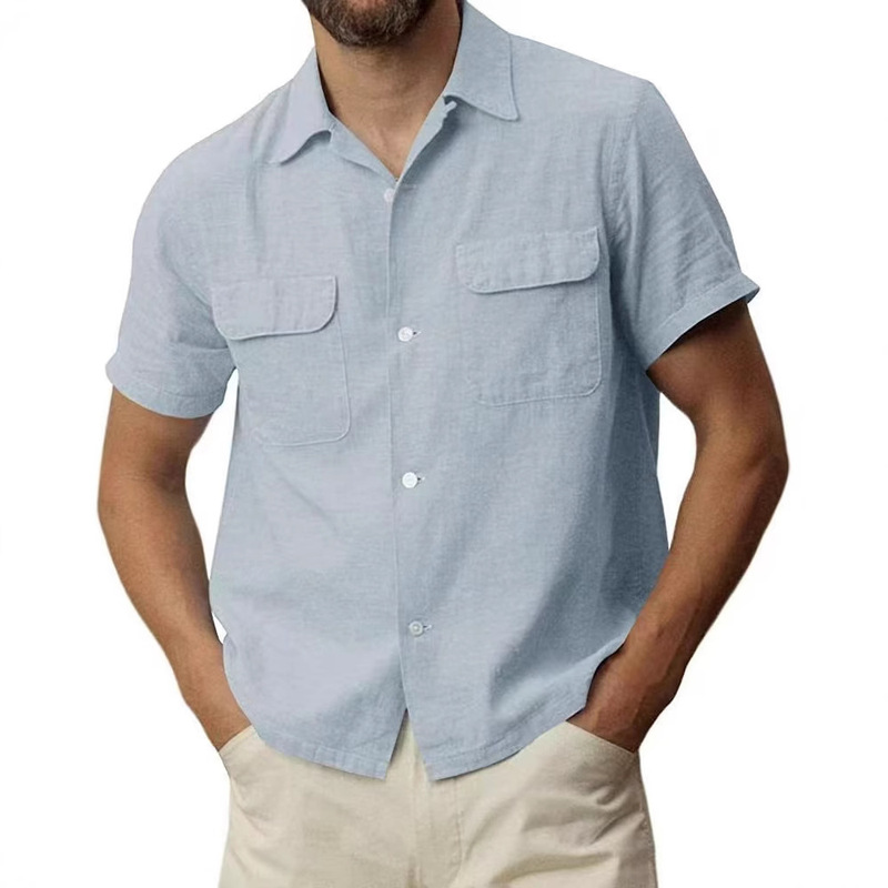 Cross-Border Summer Men's Cotton and Linen Short-Sleeved Shirt Button Cotton Cuban Camp Beach Casual Flap Pocket Pants T-Shirt Top