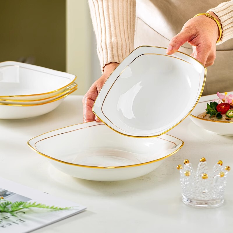 複数パックの景徳鎮ボーンチャイナ食器、金縁の四角いスーププレート、クリエイティブなディッシュプレート、ホームプレートセット、深皿|undefined