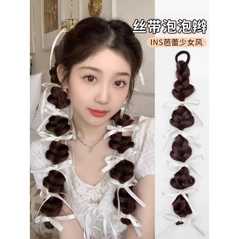 Wig Ponytail, Synthetic Hair Double Ponytail, Boxing Lantern Braid, Double Ponytail, Sweet and Cool Ballet Girl Ribbon Bubble Braid Wig Ponytail, Synthetic Hair Double Ponytail, Boxing Lantern Braid, Double Ponytail, Sweet and Cool Ballet Girl Ribbon Bubble Braid