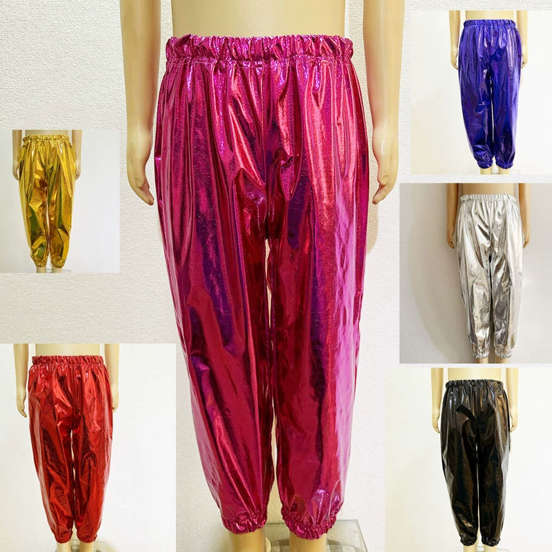Трансграничные поставки позолоченных глянцевых прямых брюк, детской взрослой мужской и женской одежды для выступлений, эластичные танцевальные закрытые брюки