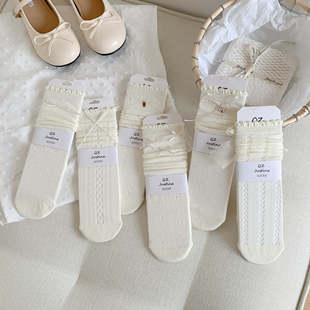 South Korea socks women's solid color hollow jk socks bow ins jewelry socks cream color wooden side pile socks women