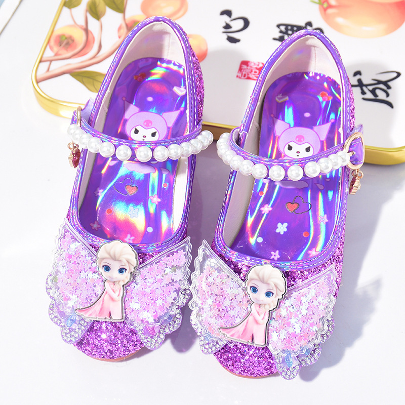 Little Girl Purple Kuromi Kidsren's Shoes 3-8 Years Old Girls High Heels Pearl Elsa Princess Shoes Crystal Shoes