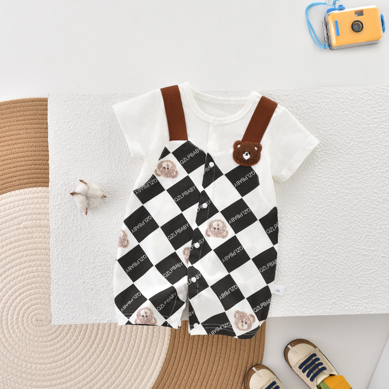 Baby's Summer Pure Cotton Short-sleeved Jumpsuit Baby's Handsome Hare Clothes Fake Strap Thin Climbing Suit Fake Two Pieces
