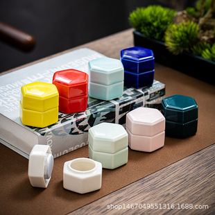 Ceramic Hexagonal Small Tea Can, Small Medicine Can, Antique Mouth Fat Can, Balm Can, Pill Powder Can, Tea Can