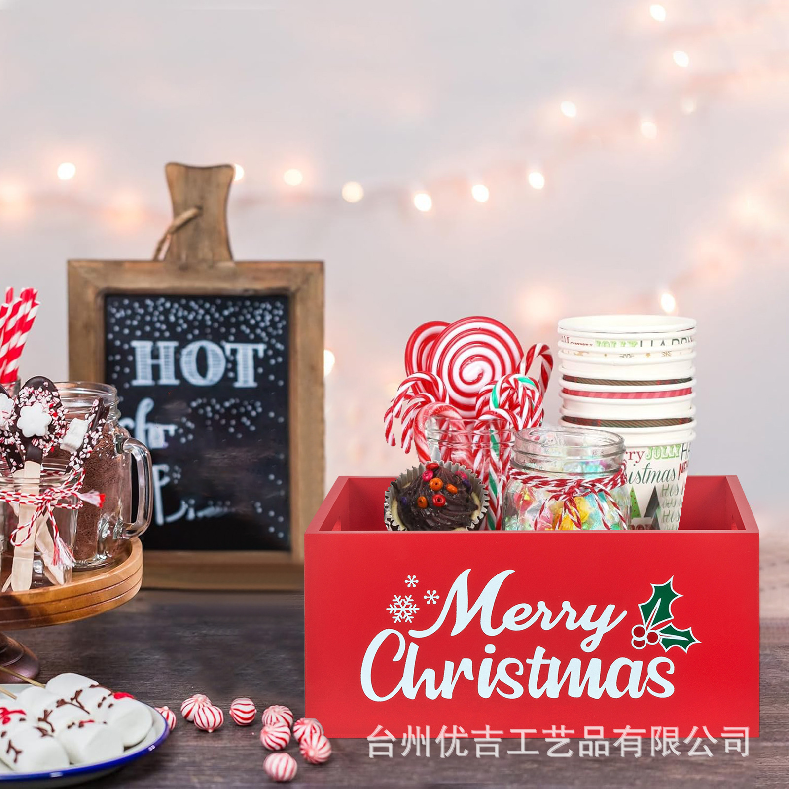 Navidad de madera atmósfera caja de almacenamiento portátil dulces de escritorio bocadillos caja de almacenamiento de madera sólida caja de acabado