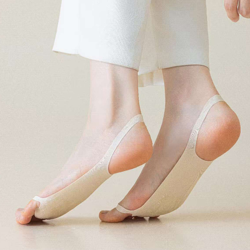 Open-Toe Slingback Boat Socks for Women, Summer Thin Low-Cut Invisible Ice Silk Non-Slip Two-Part High Heel Sandal Sole