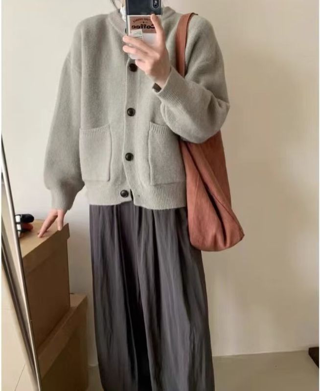 日系纯色毛衣外套女中长款2025秋季新款圆领口袋针织开衫宽松上衣|undefined