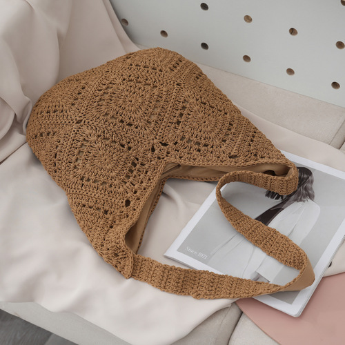 Nature-inspired minimalist diamond pattern cotton wire woven bag, grandmother's square swallowtail grass woven bag, everyday casual beach bag for women